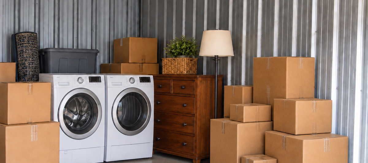 Moving boxes, washer, dryer, and dresser stored in an enclosed storage unit